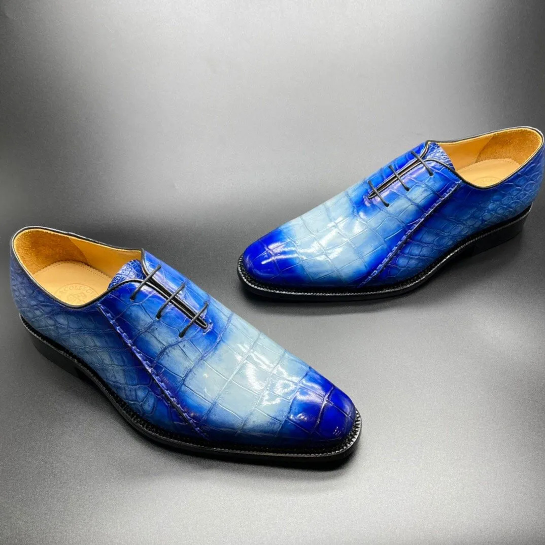 Field Step Crocodile Shoes Genuine Crocodile Leather Mens Penny Loafers Dress Shoes Hand Painted Two Tone  Blue