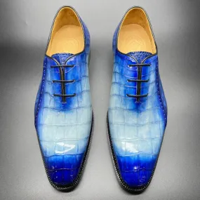 Marina Walk Crocodile Shoes Genuine Crocodile Leather Mens Penny Loafers Dress Shoes Hand Painted Two Tone  Blue