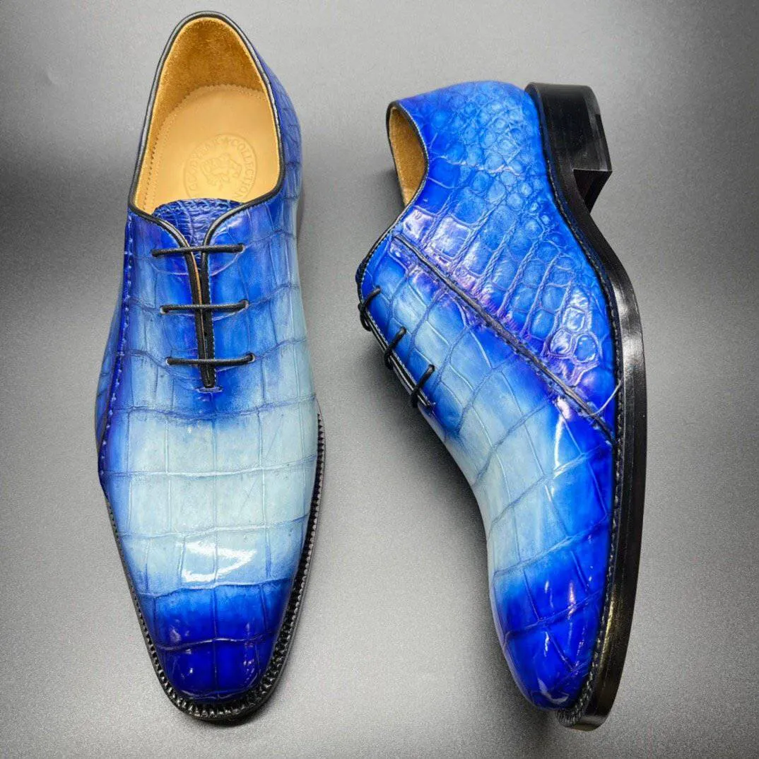 Wide toe box Crocodile Shoes Genuine Crocodile Leather Mens Penny Loafers Dress Shoes Hand Painted Two Tone  Blue