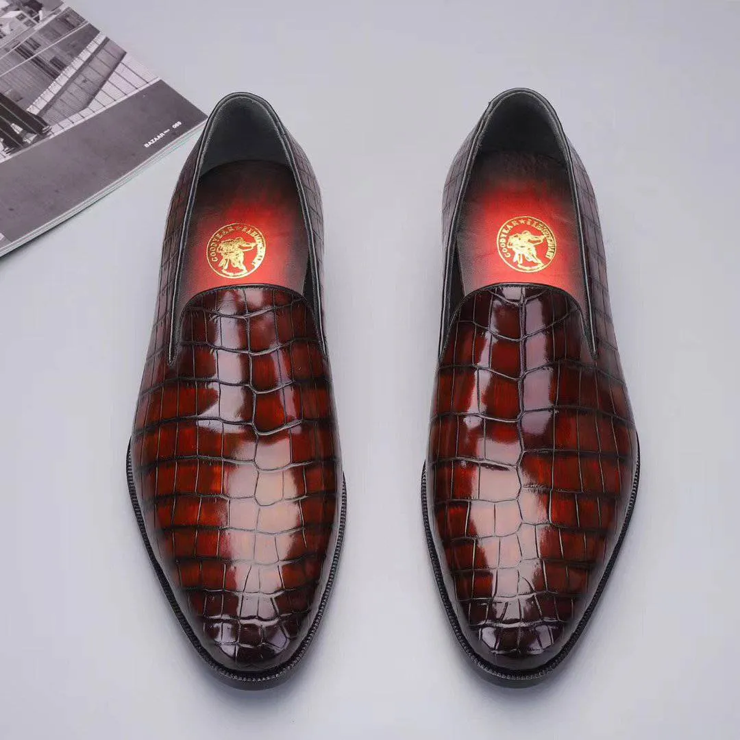 Crocodile Shoes Men's Slip On Loafer Shoes, Genuine Crocodile Leather Casual Dress Shoes Vintage Brown Tide Glow