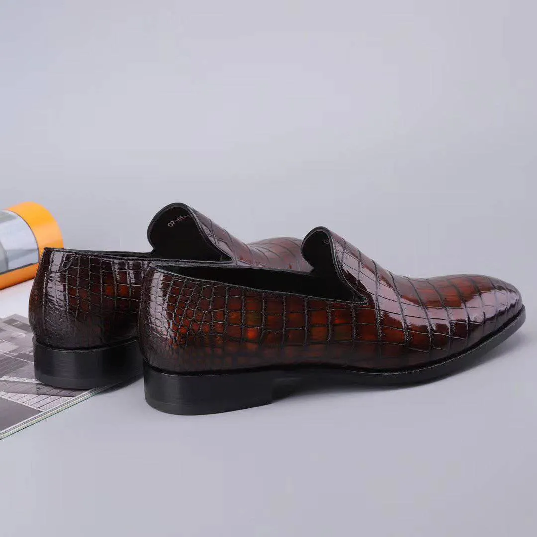 City Roof Star Glow Crocodile Shoes Men's Slip On Loafer Shoes, Genuine Crocodile Leather Casual Dress Shoes Vintage Brown