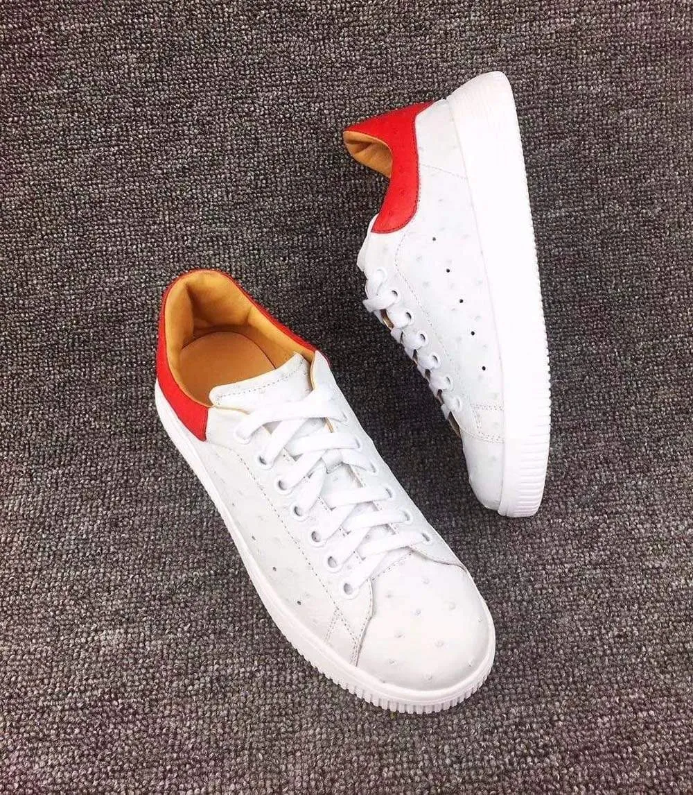 Crocodile Shoes Ostrich Leather Shoes Block-Color Hank White  Platform Sneakers Port Step