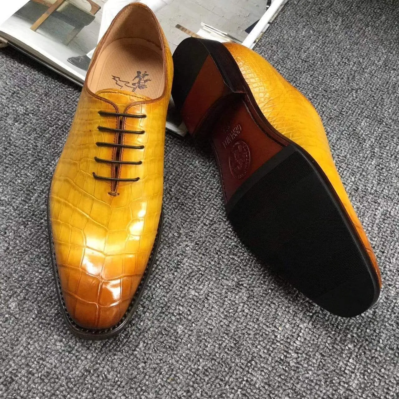 Easy Wear Footwear Crocodile Shoes Genuine Crocodile Belly Leather Mens Grand Cap Toe Dress Shoes