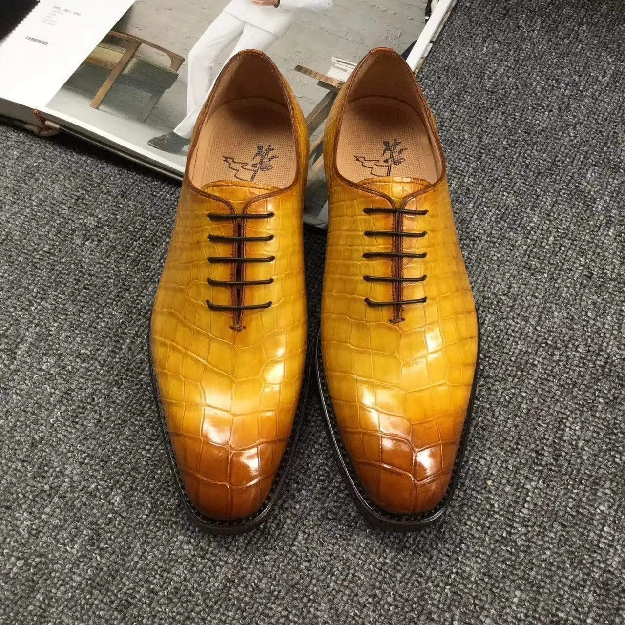 Casual Style Crocodile Shoes Genuine Crocodile Belly Leather Mens Grand Cap Toe Dress Shoes