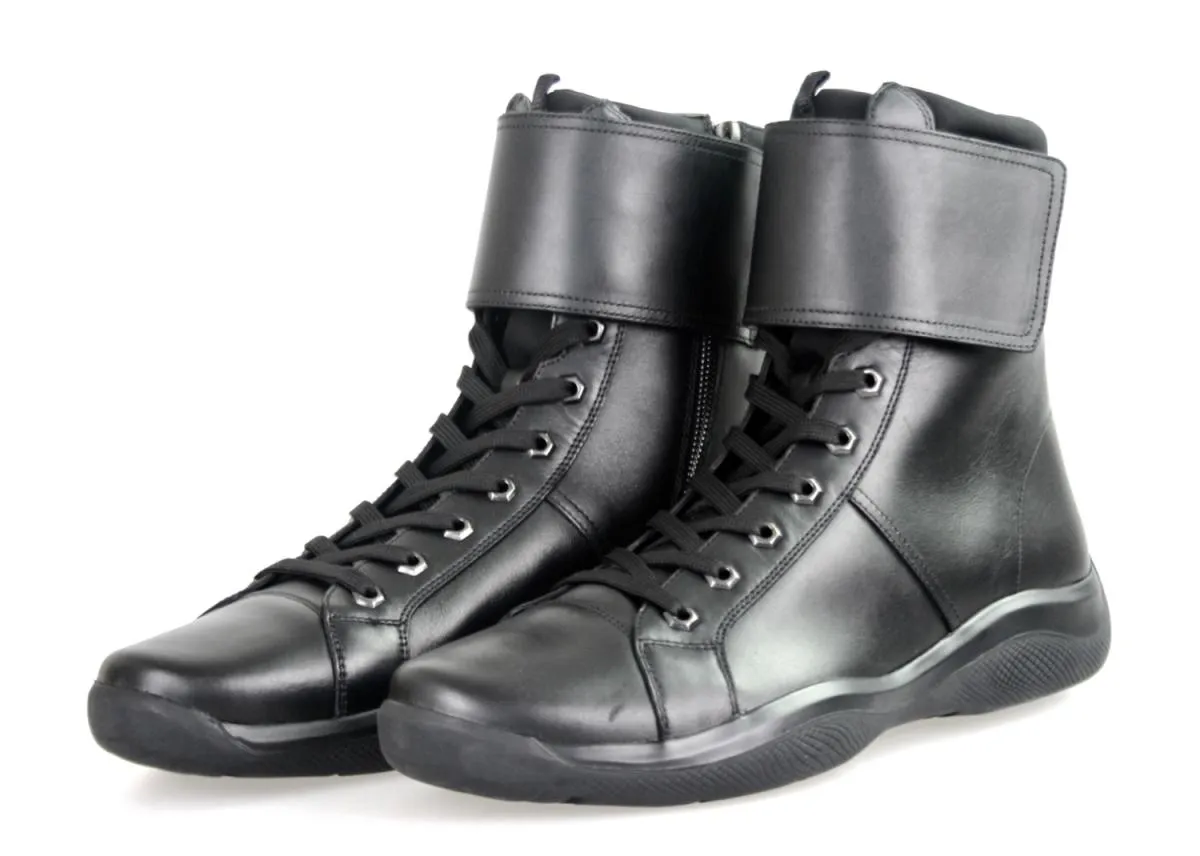 Prada Men's Black Leather High-Top Sneaker 4U2763 Multi Density Sole