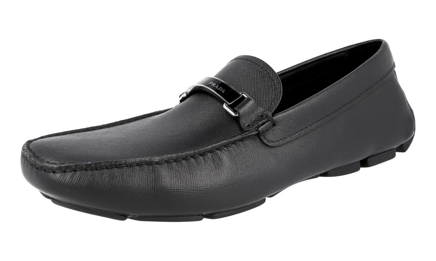 wide feet Foot Steady Prada Men's Black Saffiano Leather Driving Loafers 2DD153