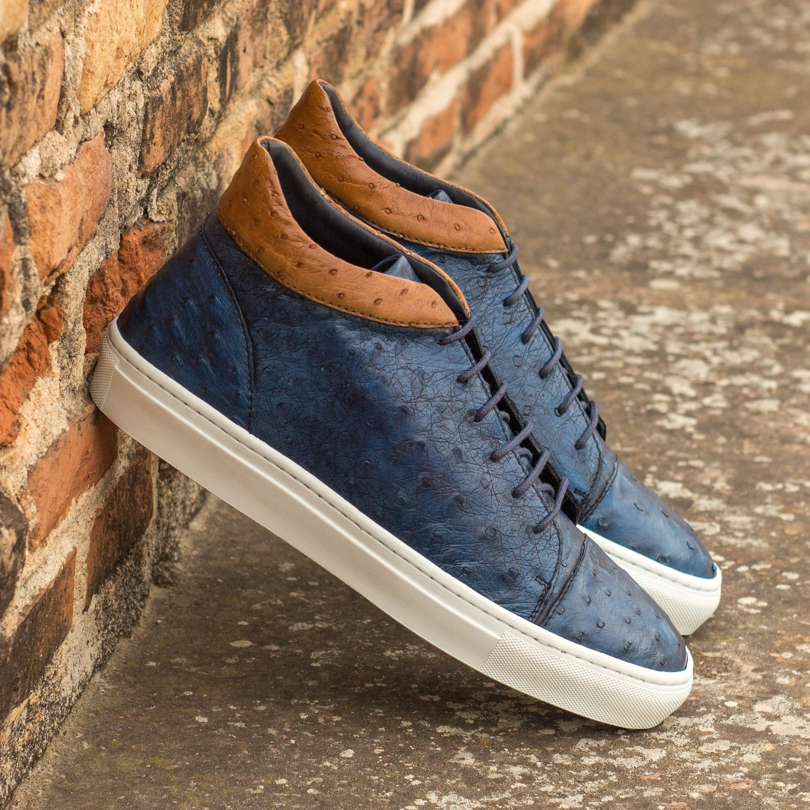 Strong Stitching Flex Step Navy & Cognac Ostrich High-Top Sneakers
