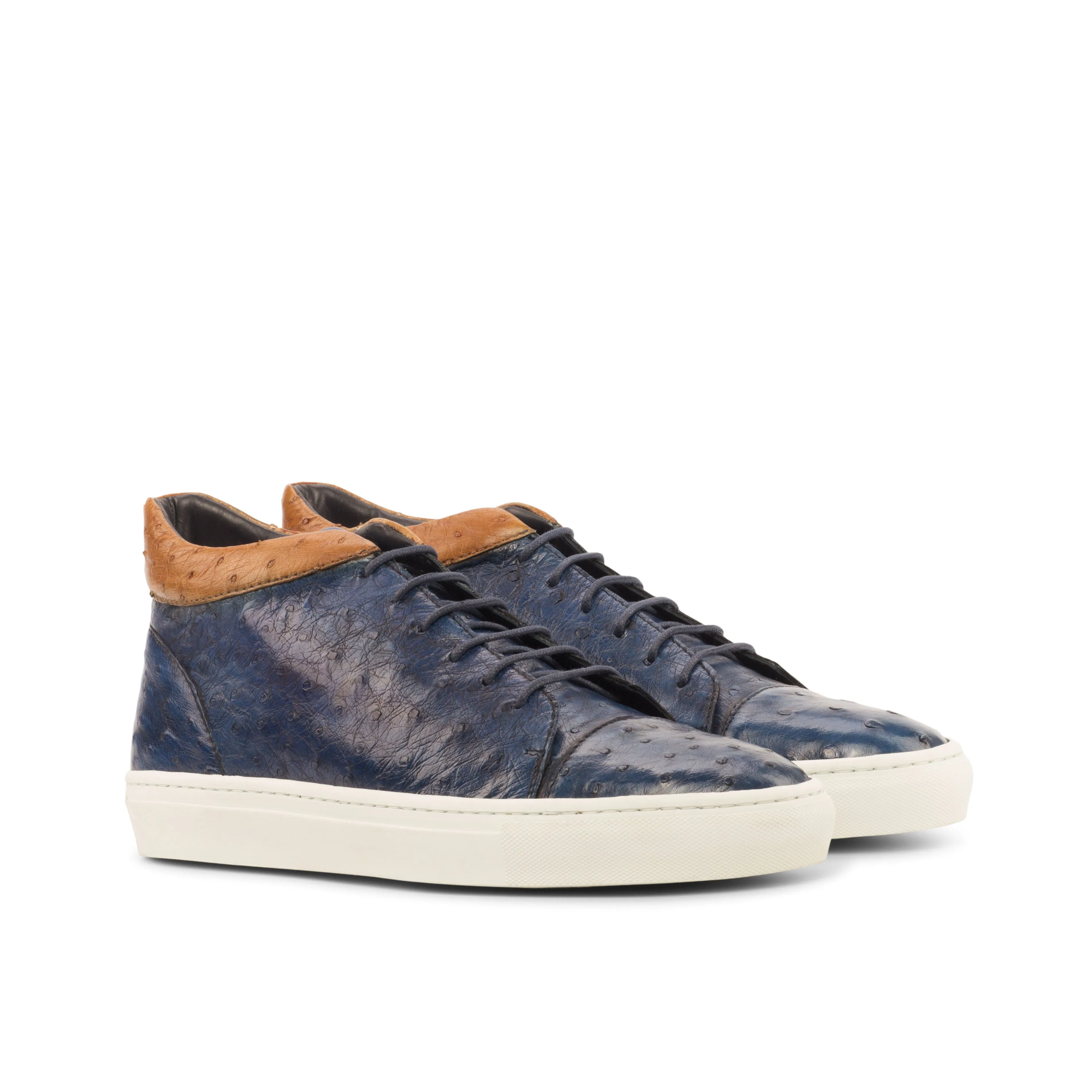 Navy & Cognac Ostrich High-Top Sneakers Pull On Design Elasticated Lacing