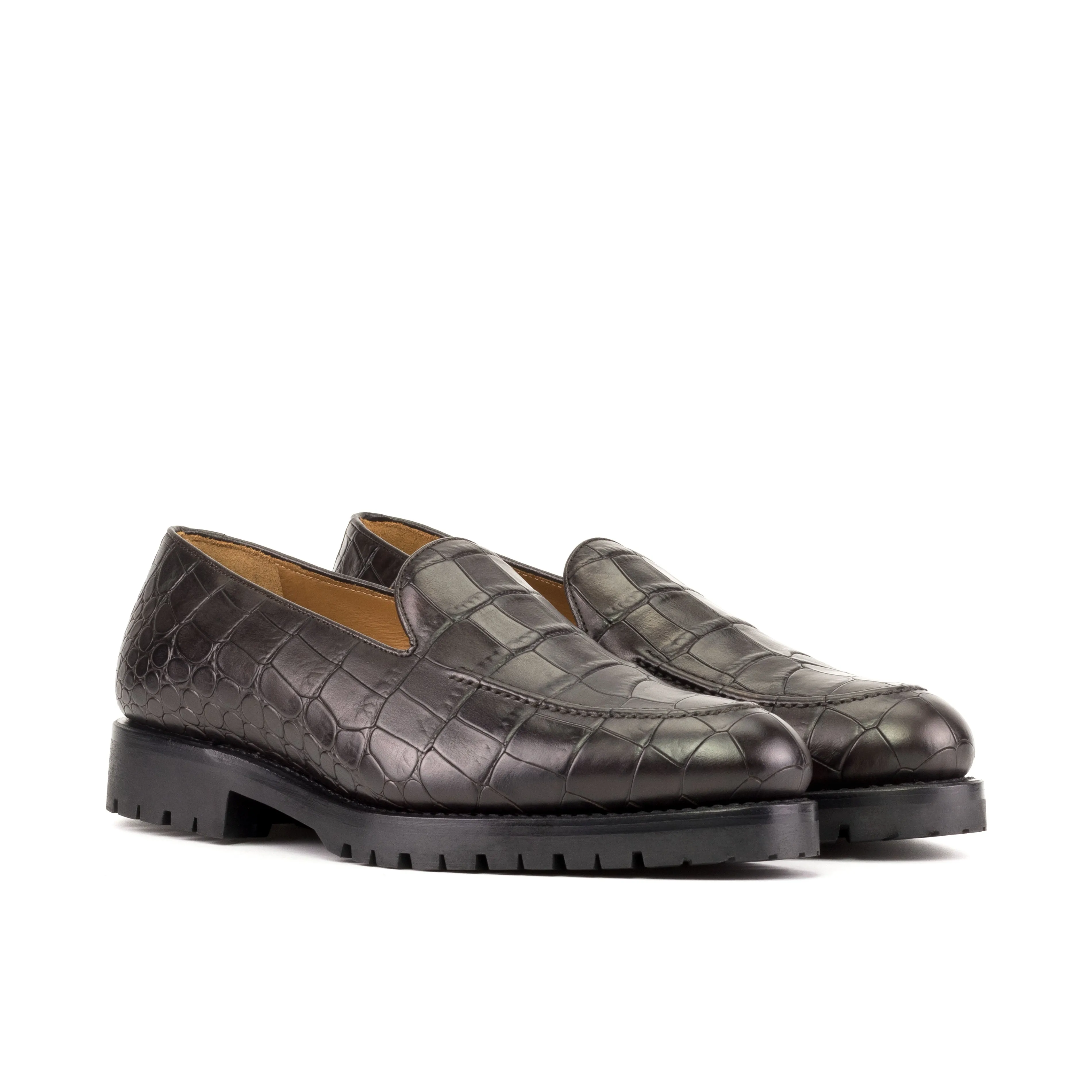 Dark Brown Croco Plain Loafers Wide Path