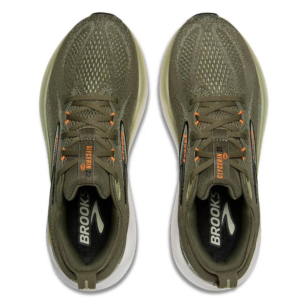 Mens Brooks Running Glycerin 22 in Dusty Olive/Tea/Orange Stitched Toe Box comfort feature
