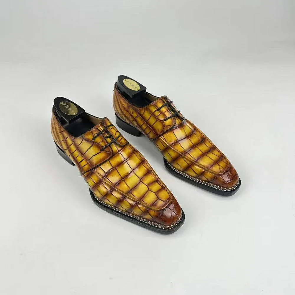 Crocodile Shoes Men's Crocodile Leather Norwegian Stitching  Fiddleback Sole  Lace Up Dress Shoes Vintage Amber Yellow Pastel Love Durable Craftsmanship