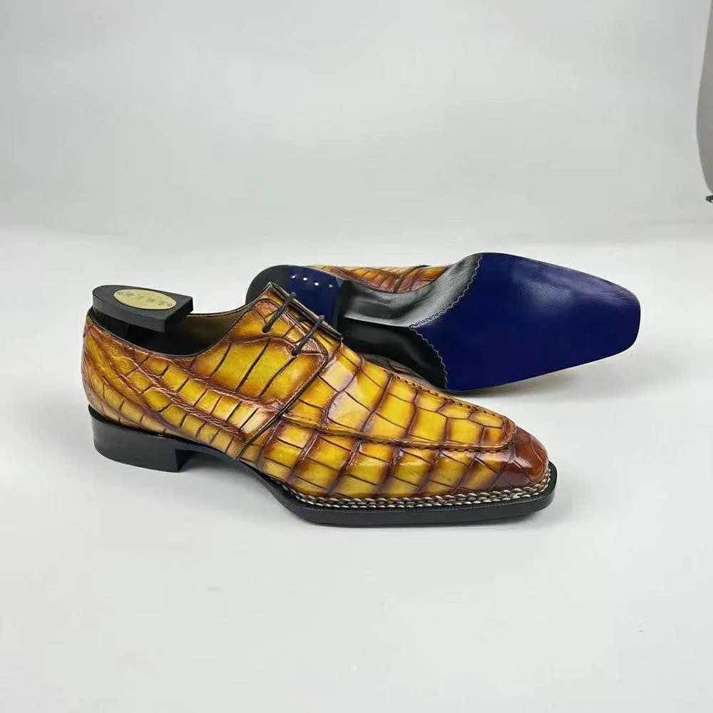 Crocodile Shoes Men's Crocodile Leather Norwegian Stitching  Fiddleback Sole  Lace Up Dress Shoes Vintage Amber Yellow Comfortable fit