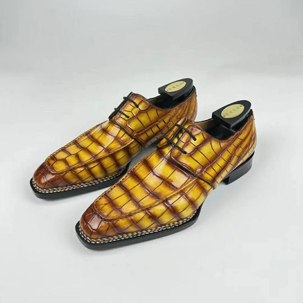Holiday Ready Crocodile Shoes Men's Crocodile Leather Norwegian Stitching  Fiddleback Sole  Lace Up Dress Shoes Vintage Amber Yellow