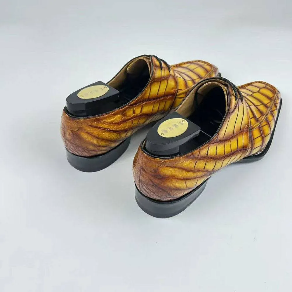 Field Step Foot Supportive Design Crocodile Shoes Men's Crocodile Leather Norwegian Stitching  Fiddleback Sole  Lace Up Dress Shoes Vintage Amber Yellow