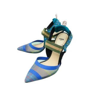 Fendi Blue Multicolor Colibri Mesh Slingback Pump 36 Shine Bright