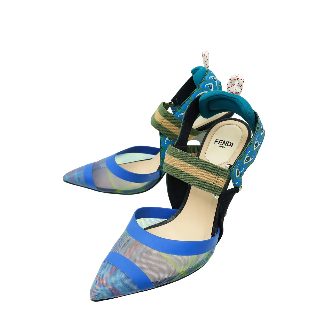 Fendi Blue Multicolor Colibri Mesh Slingback Pump 36 Shine Bright