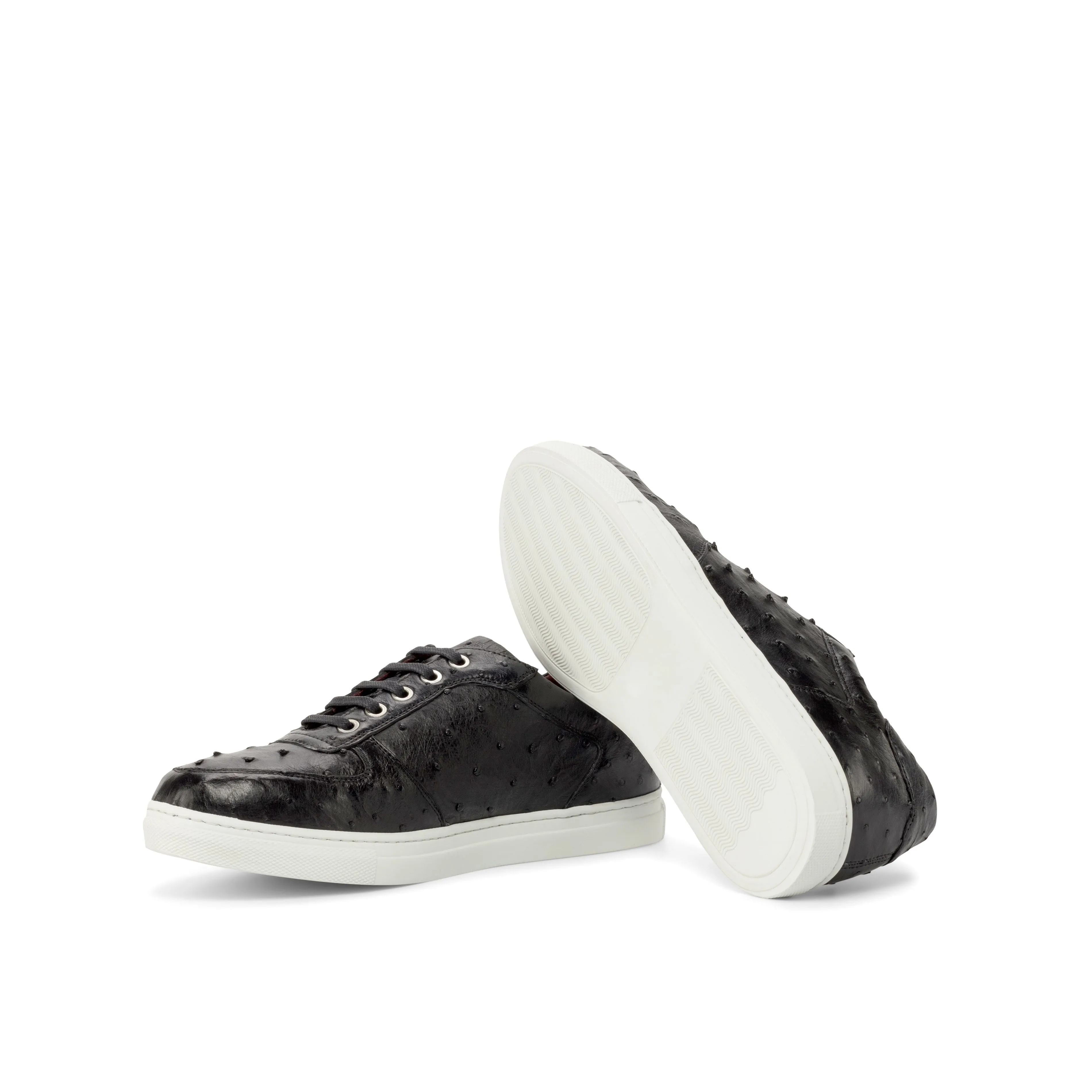 Black Ostrich Low-Top Sneakers Flexible Lining Reinforced Eyelets