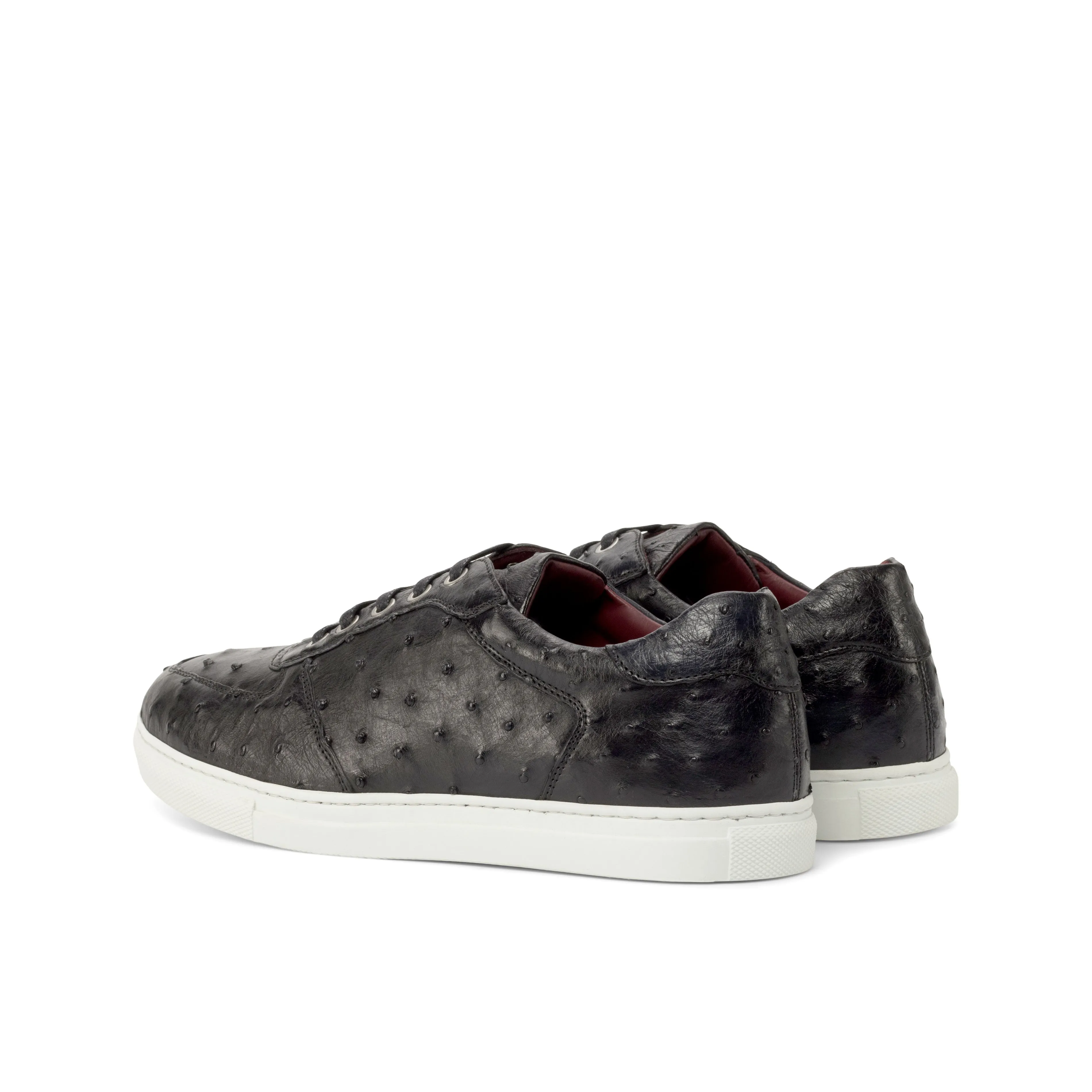 Black Ostrich Low-Top Sneakers Lace Secure Gusseted Tongue Design