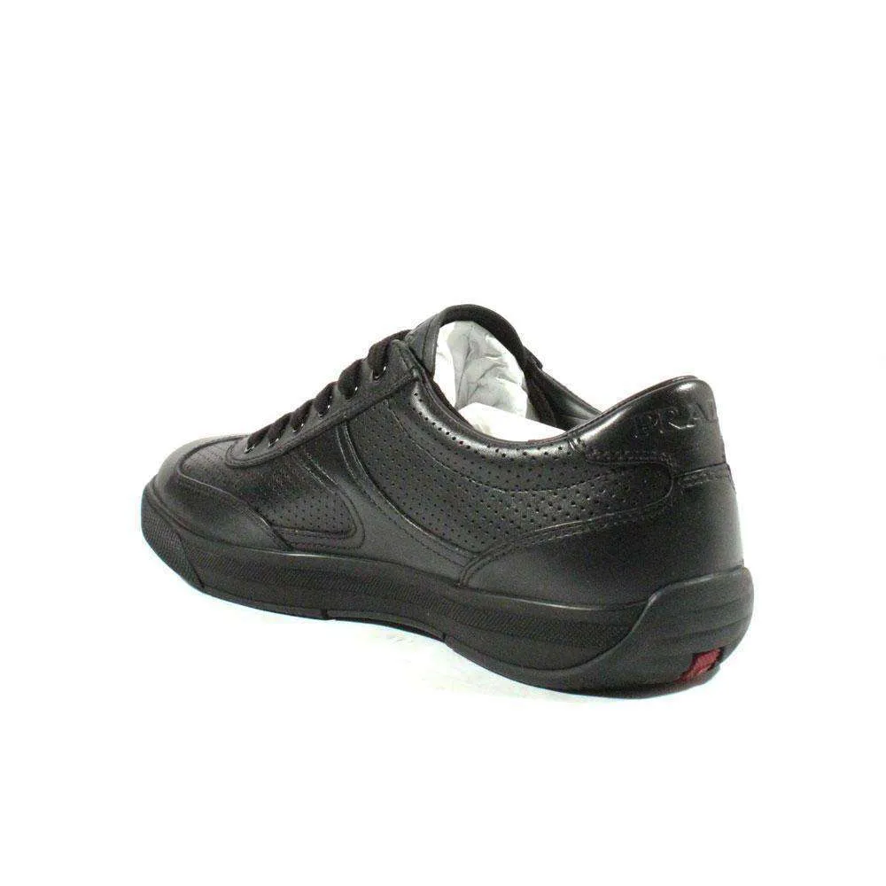 Prada Sports Men's Designer Shoes Black Leather Sneakers 4E1526 (PRM37) Cotton Touch Freeze Proof
