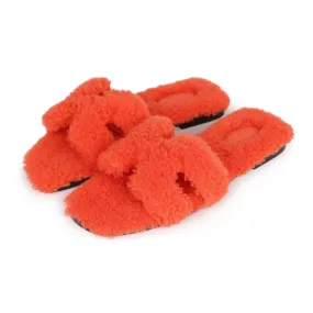 Top quality Hermes Oran Sandal Orange Shearling 38 Winter Warm