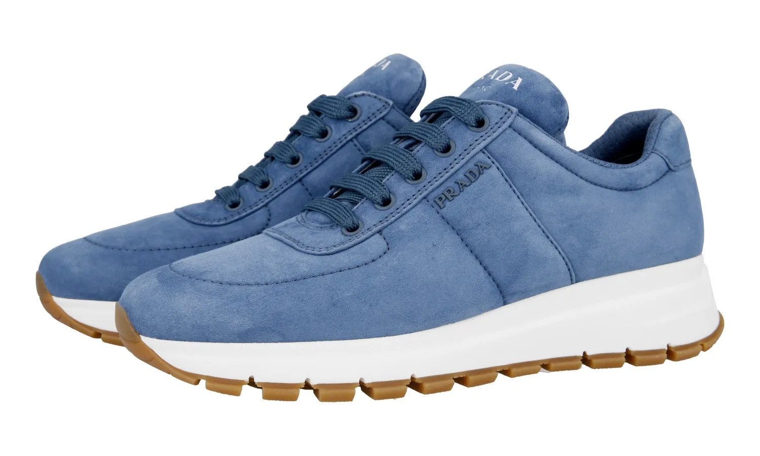 Prada Women's Blue Leather Prax01 Sneaker 1E553L Contrasting Colors Hexagonal Lug Pattern