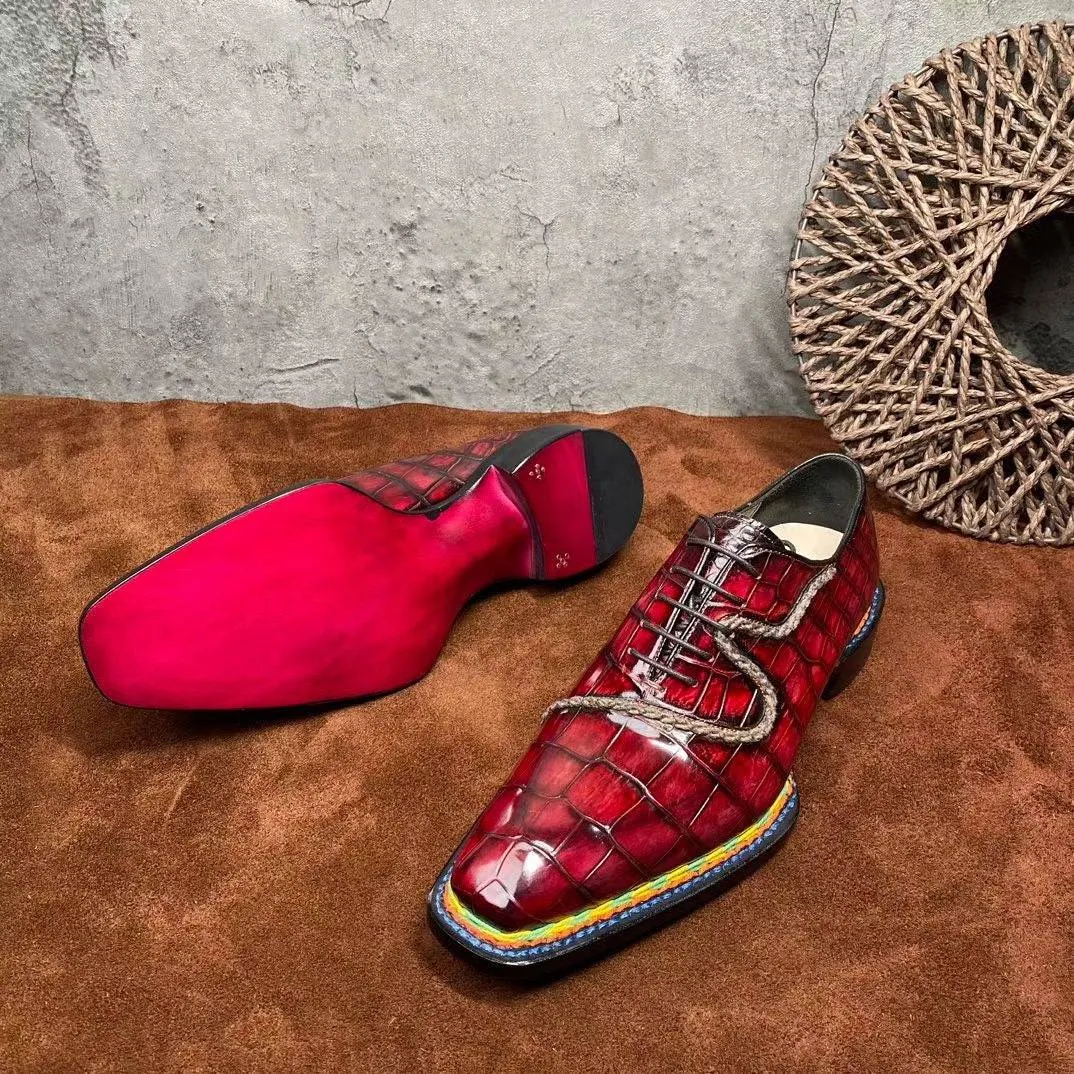 Runway Step Crocodile Shoes Men's  Crocodile Leather  Norwegian Stitching Lace Up Dress Shoes Vintage Wine Red