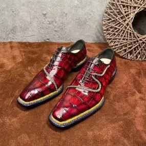 Anti Fatigue Practical Slip-Ons Crocodile Shoes Men's  Crocodile Leather  Norwegian Stitching Lace Up Dress Shoes Vintage Wine Red