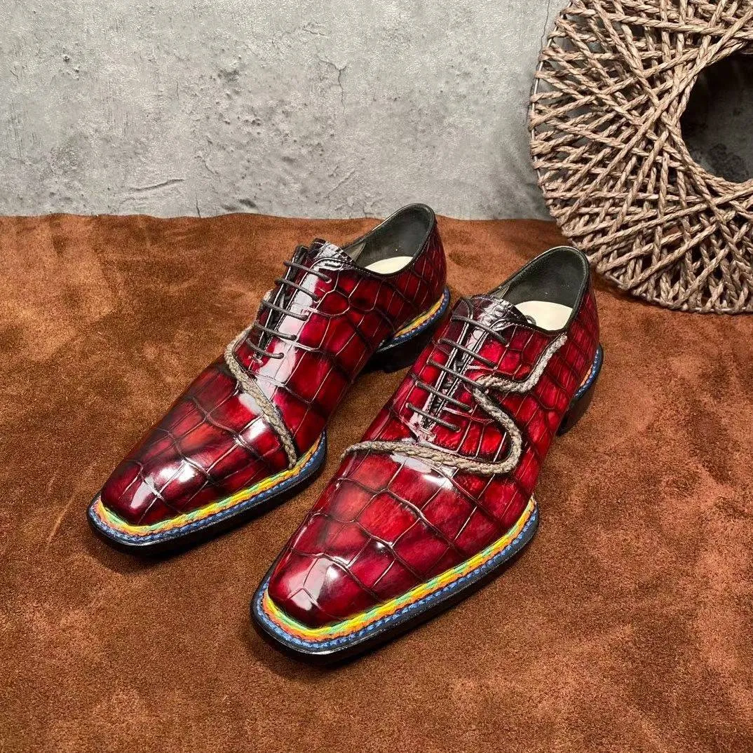 Anti Fatigue Practical Slip-Ons Crocodile Shoes Men's  Crocodile Leather  Norwegian Stitching Lace Up Dress Shoes Vintage Wine Red
