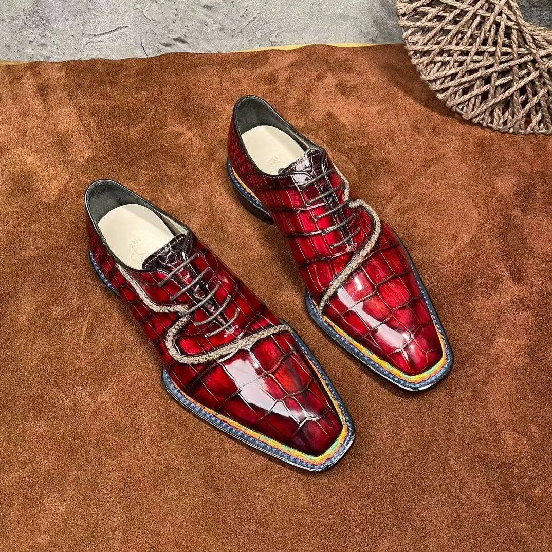 Crocodile Shoes Men's  Crocodile Leather  Norwegian Stitching Lace Up Dress Shoes Vintage Wine Red School Glow