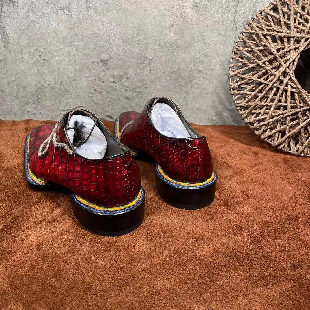 Crocodile Shoes Men's  Crocodile Leather  Norwegian Stitching Lace Up Dress Shoes Vintage Wine Red Casual Footwear Street Music