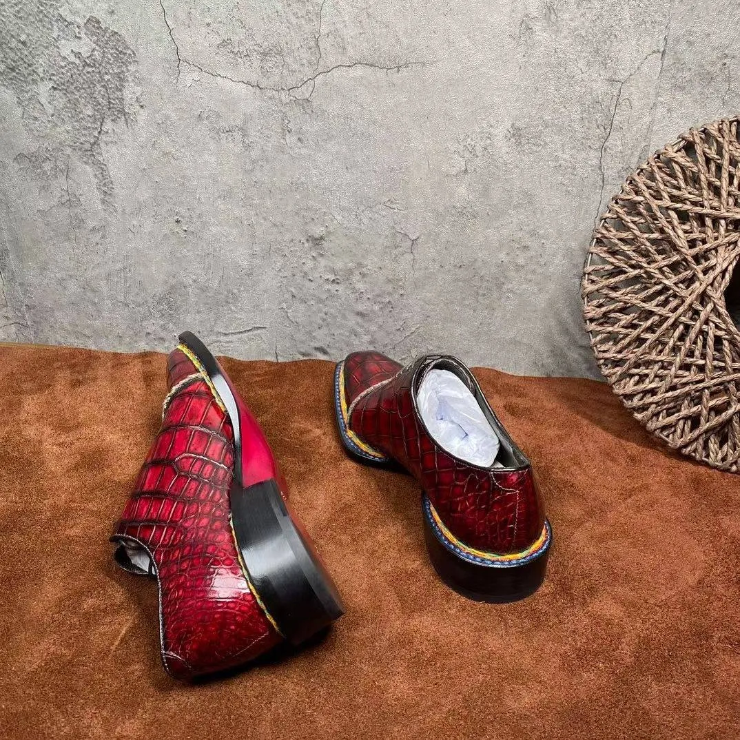 Effortless Stylish Shoes Crocodile Shoes Men's  Crocodile Leather  Norwegian Stitching Lace Up Dress Shoes Vintage Wine Red
