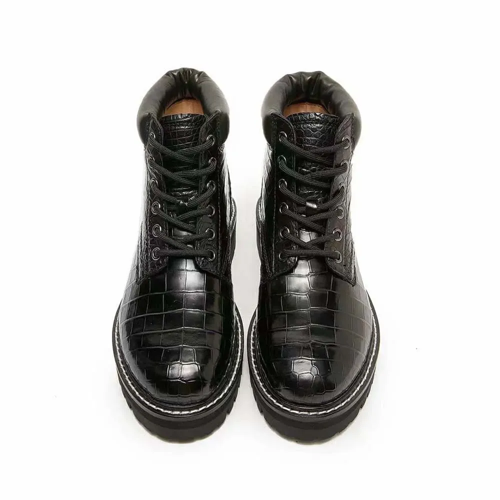 Crocodile Shoes Women's Crocodile Leather Matin Boots Hand Wash Tea Glow