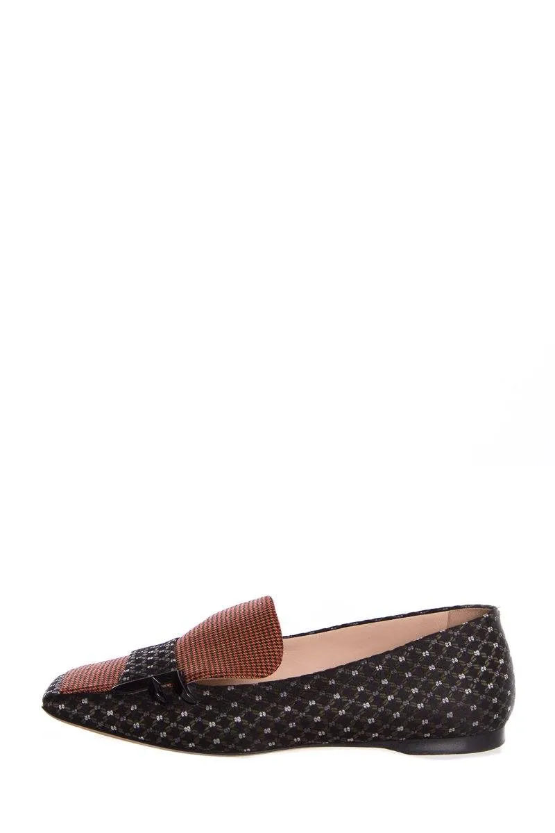 Fendi Black Flats With Orange Houndstooth Accent and Square Toe SZ 36 Freeze Grip Soft Material