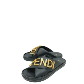 Adjustable Fit Fendi Black Vitello Fendigraphy Slide Sandals 40