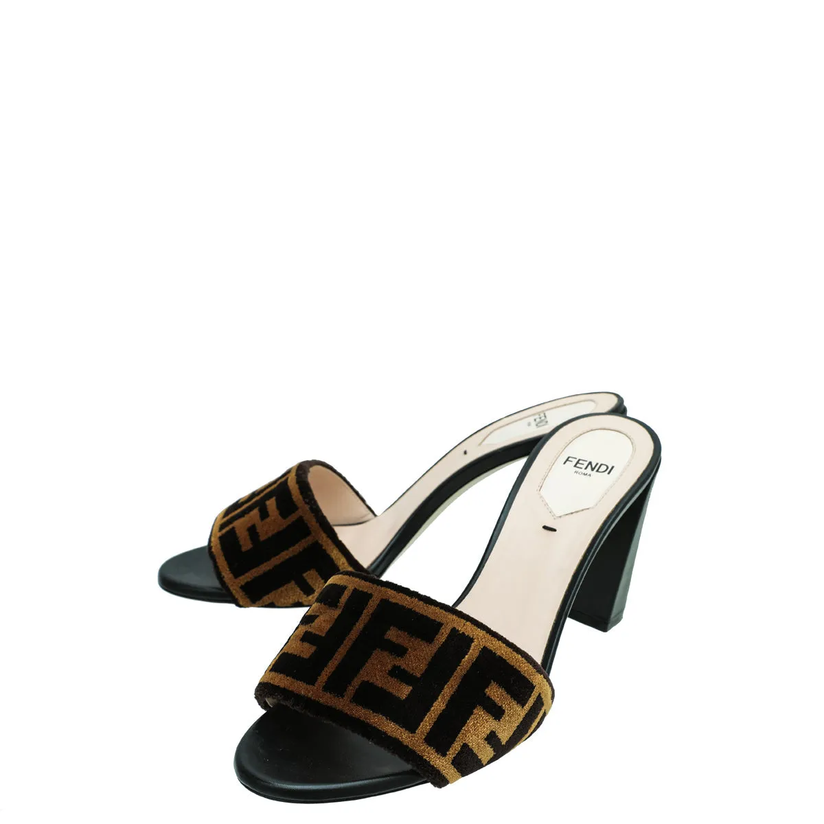 Fendi Brown Velvet FF Slide Heel Sandals 37 Ventilated Design