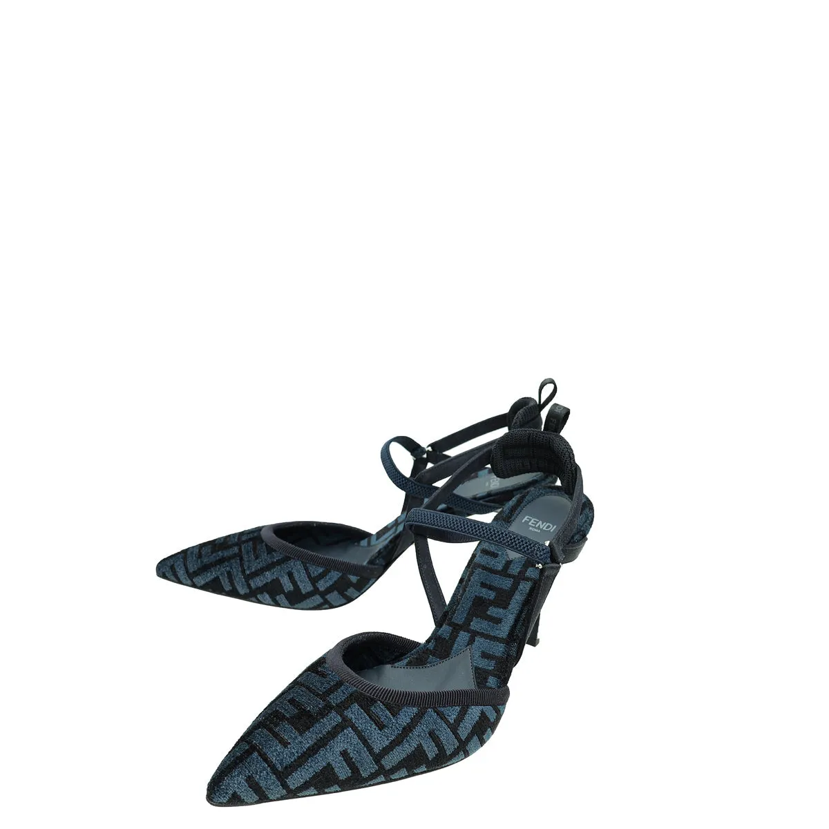 Shock Absorbing Fendi Dark Blue FF Velvet Colibri Lite Slingback Pumps 42