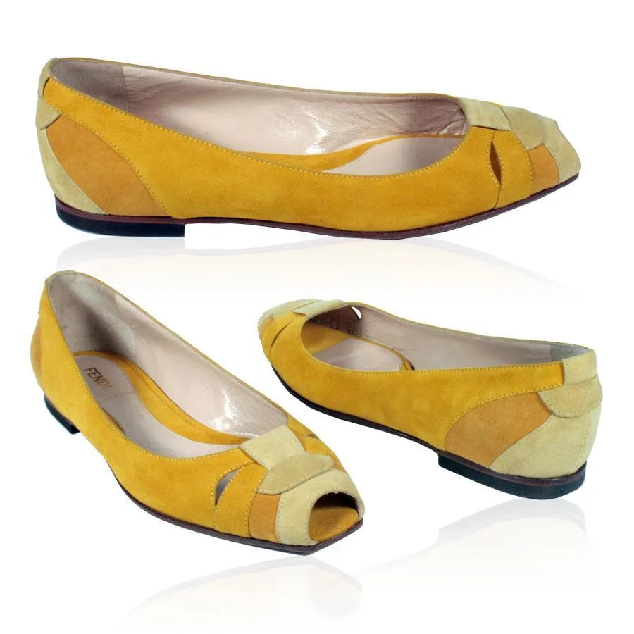 Celebrity Vibe Desert Cool Fendi Women's Shoe - Flat Suade Lemon Peep Toe 8V2647-YLH (FFW10)