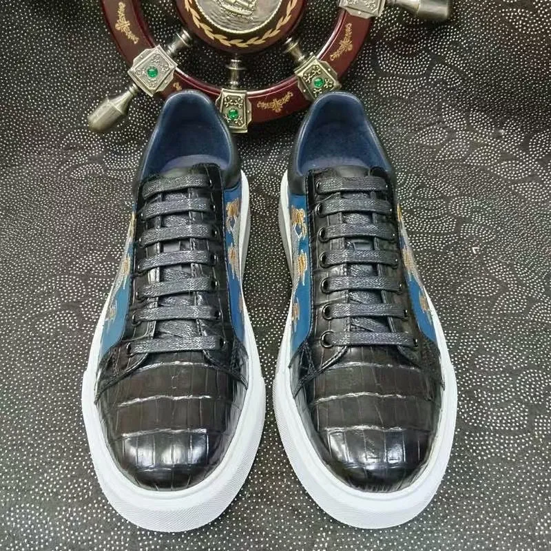 Crocodile Shoes , Genuine Crocodile Leather Sneakers Black Lightweight Design