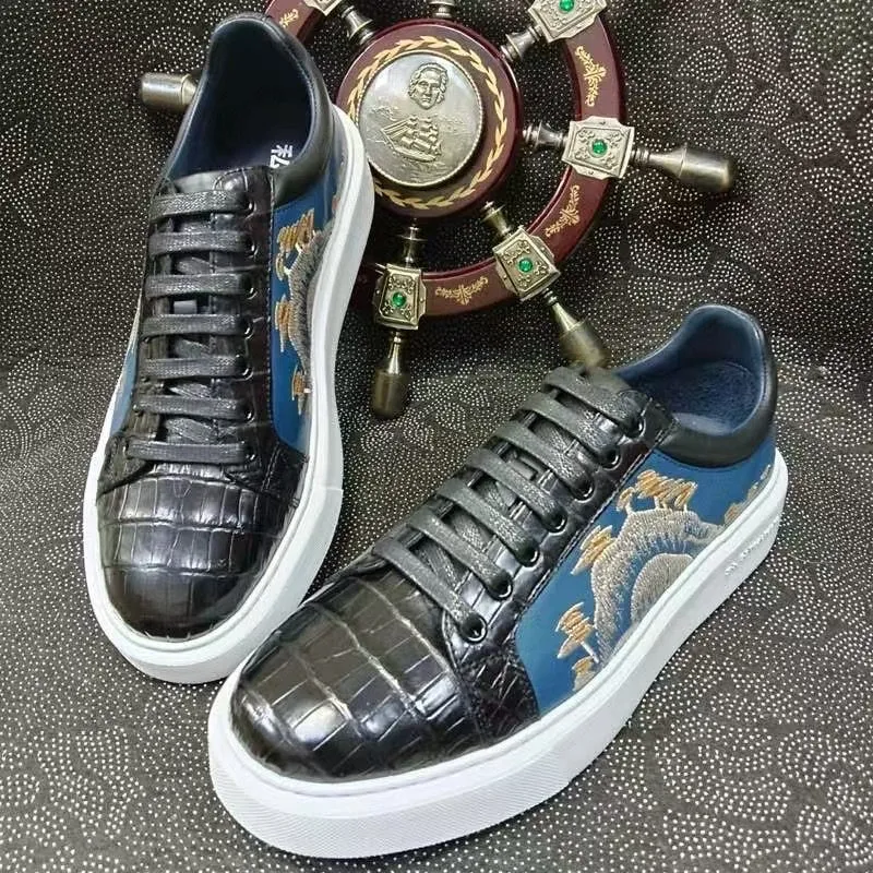 Crocodile Shoes , Genuine Crocodile Leather Sneakers Black Lace Touch Deck Glow