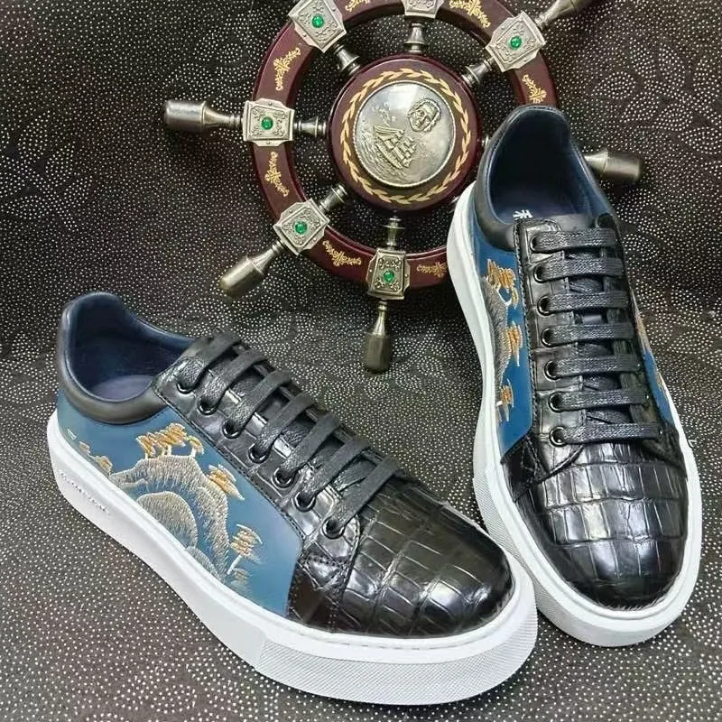 Crocodile Shoes , Genuine Crocodile Leather Sneakers Black Wood Glow Low Top