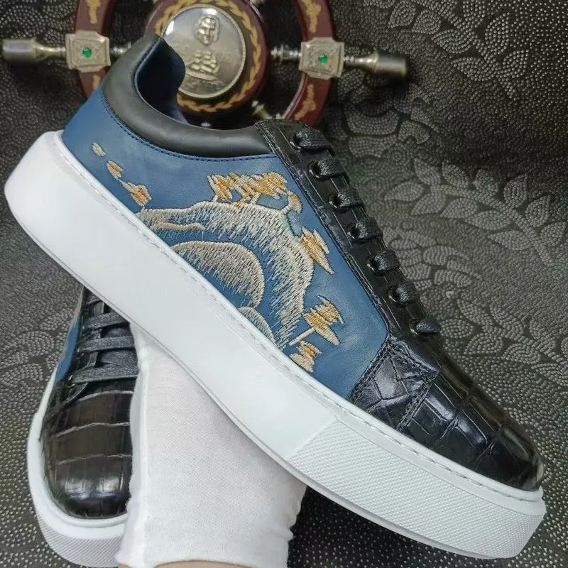 fire night work commute Crocodile Shoes , Genuine Crocodile Leather Sneakers Black