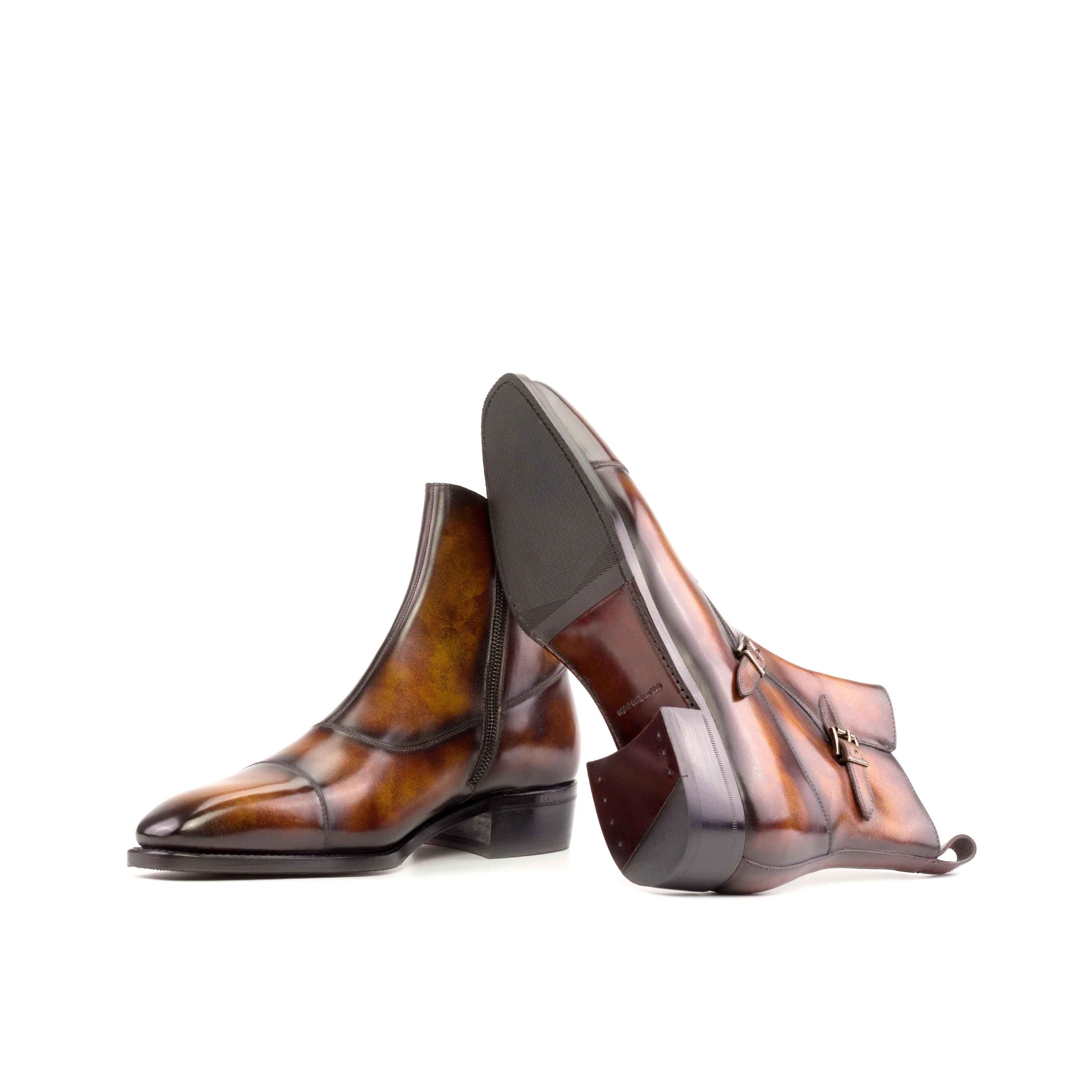 Fire Patina Leather Double Monk Boots Airy Interior Flexible Style