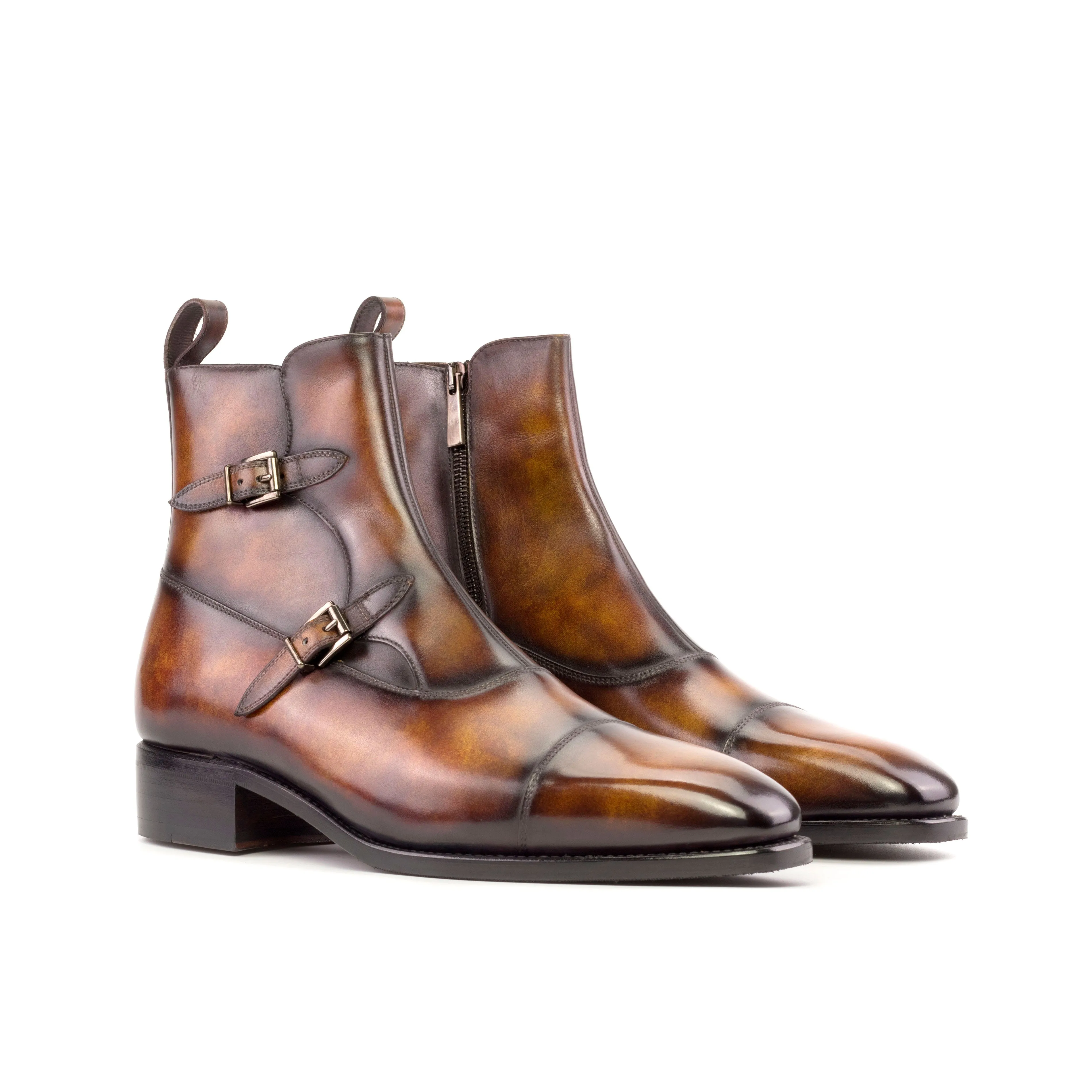 Minimal Color Modern Feel Fire Patina Leather Double Monk Boots