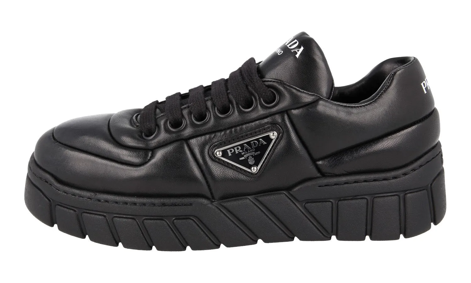 Shock absorption system Comfortable Running Prada Women's Black Leather Padded Nappa Platform Chunky Sneaker 1E136N