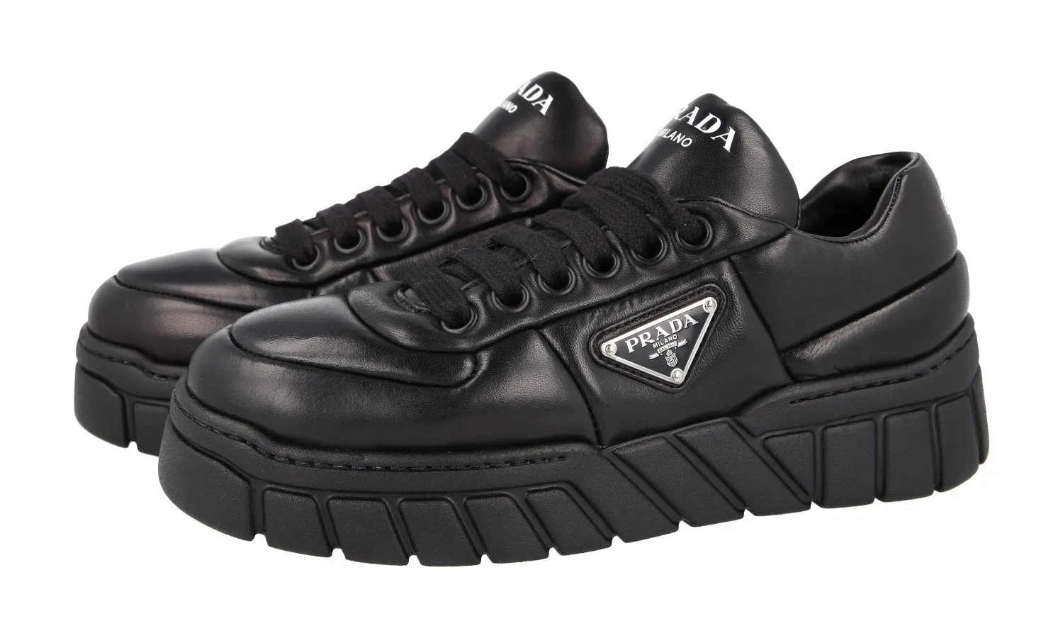Prada Women's Black Leather Padded Nappa Platform Chunky Sneaker 1E136N Textured Insole