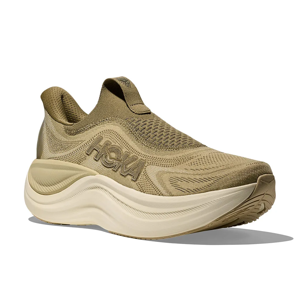 Playground Ready Sustainable Sole Construction Mens Hoka Skyward Laceless in Grassland/Mushroom