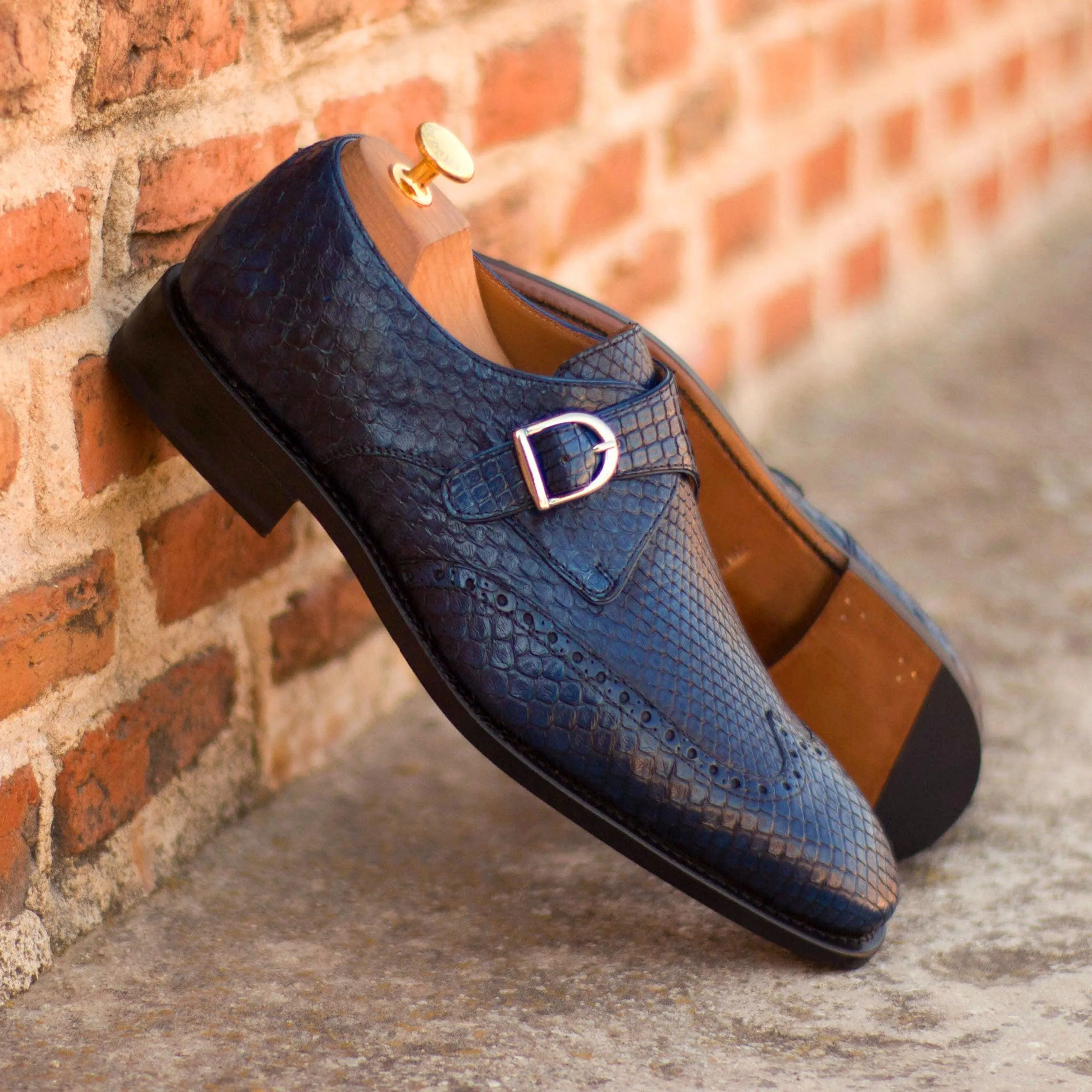 Navy Python Single Monk Shoes Narrow Shape