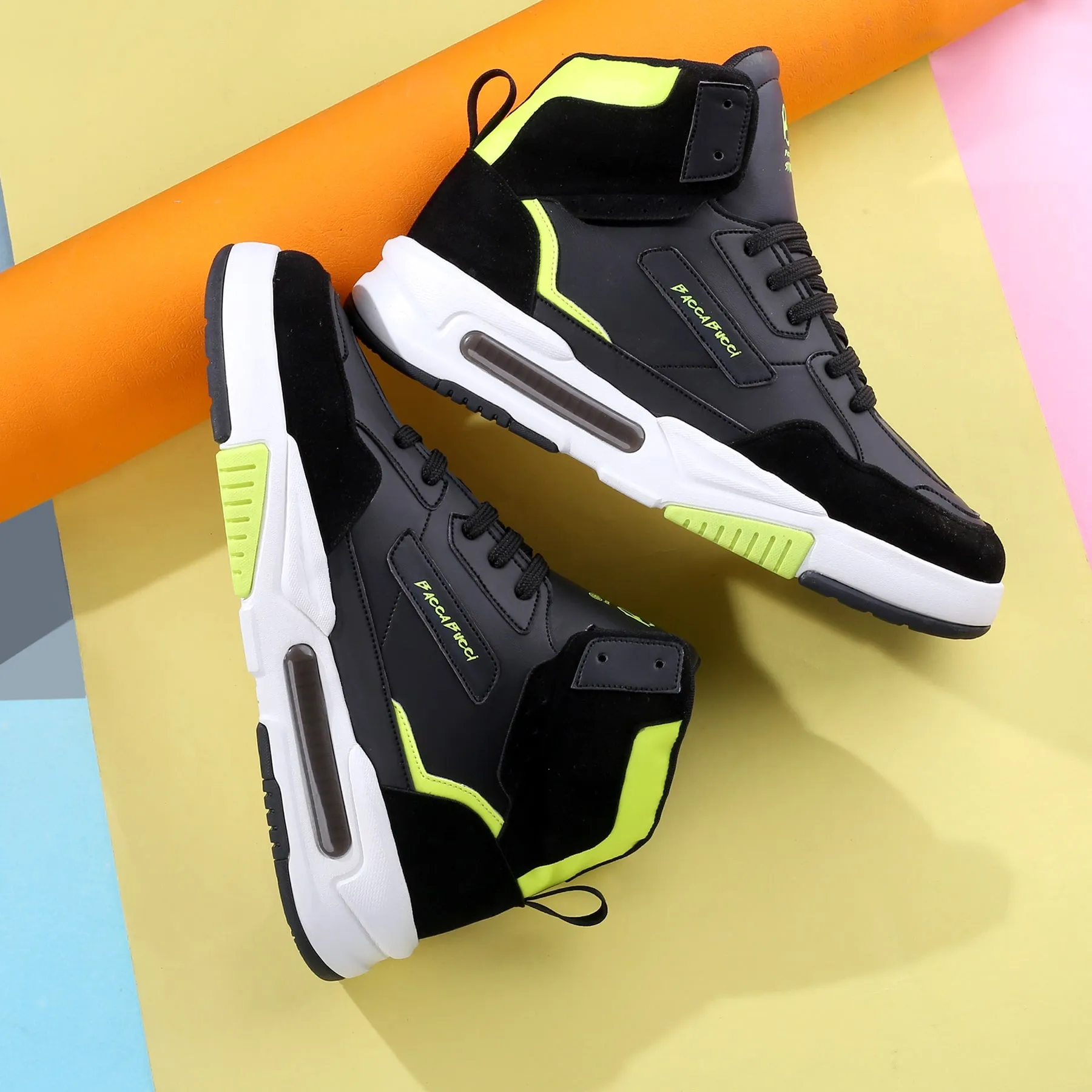 bright - colored running shoes running in a stadium shoes Bacca Bucci Vengeance