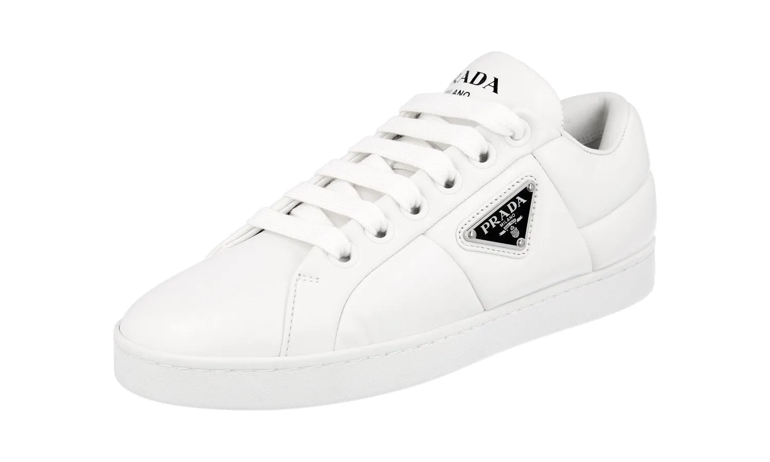 Prada Women's White Leather Padded Nappa Sneaker 1E204N Ventilated Collar Design City Hustle