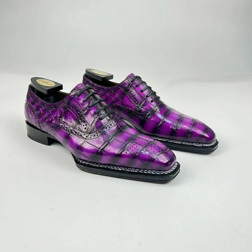 Ankle Support Trend Comfort Design Crocodile Leather Norwegian Sewn Goodyear Fiddleback Sole  Lace Up Dress Shoes Vintage Mauve